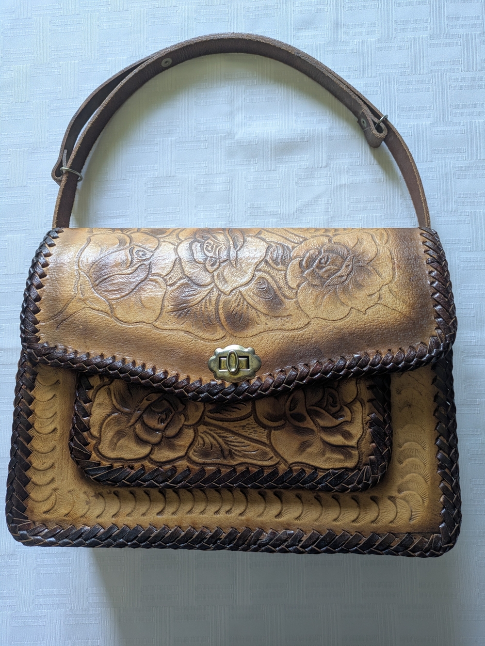 Vintage Unused Mexican Hand Tooled Leather Purse Rose Floral Crossbody Boho NOS